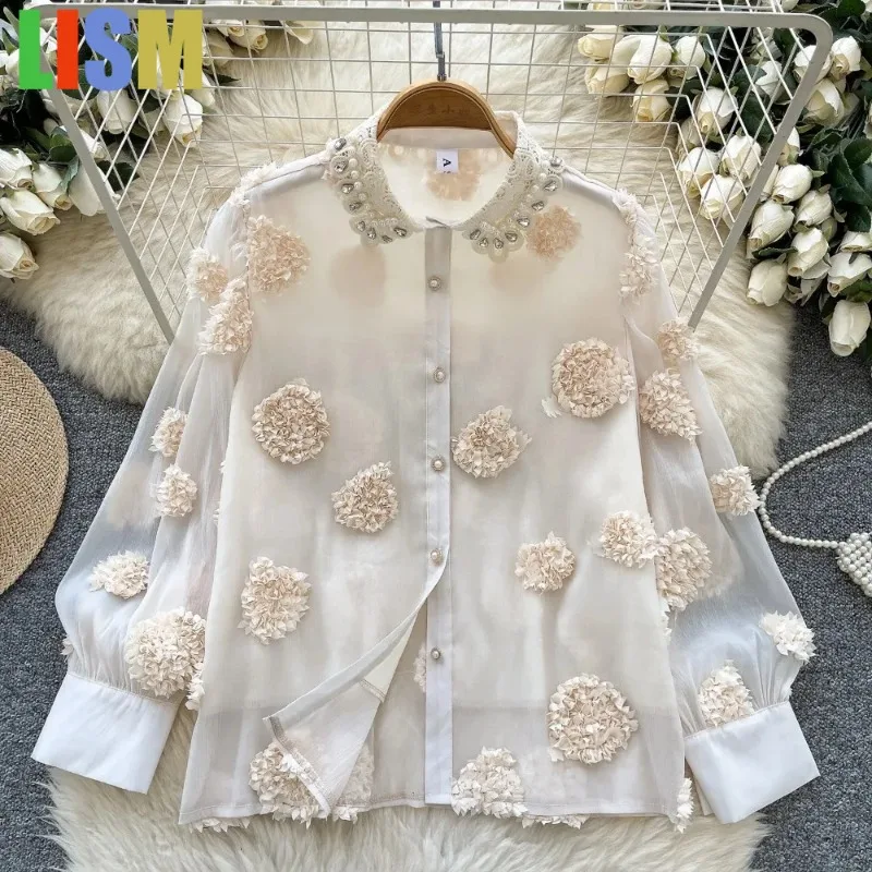 

LISM Autumn Blouse Basics sexy Vintage Polo-neck Necktie Single Breasted Loose Rhinestone Top French Streetwear High Street