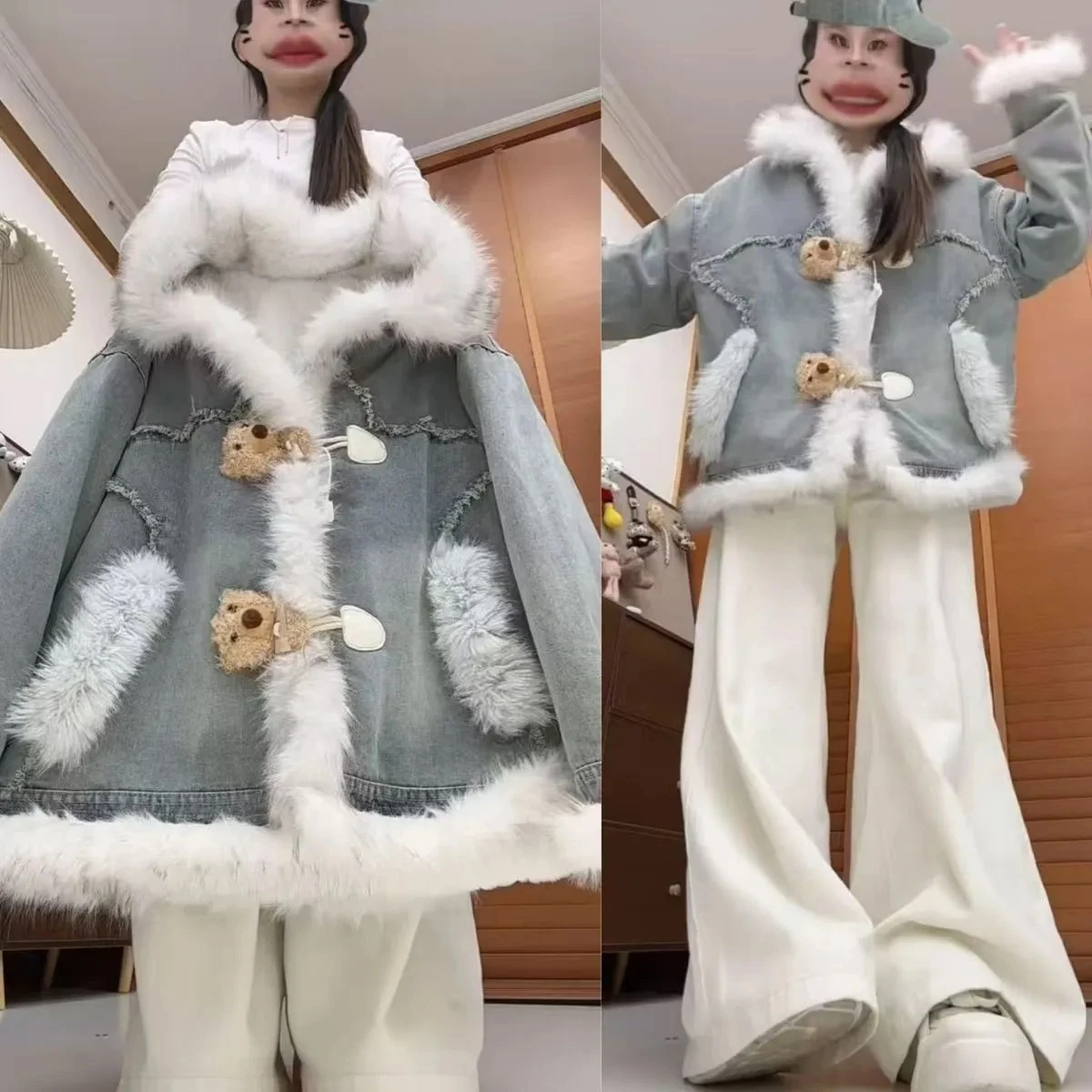 Women New Winter Jeans Jacket Horn Button Furry Collar Denim Parkas Korean Style Cotton Coat Retro Bomber Fashion Luxury Outwear