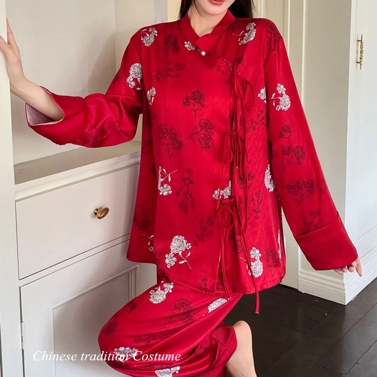 Chinese Style Pajamas Set Satin Jacquard Nightwear Loose Top&pants Pijamas Women Sleepwear Long Sleeve Trouser Suits Homewear