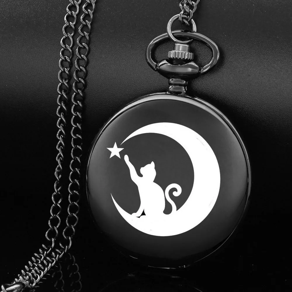 

The cat that touched the stars design carving english alphabet face pocket watch a chain Black quartz watch perfect gift