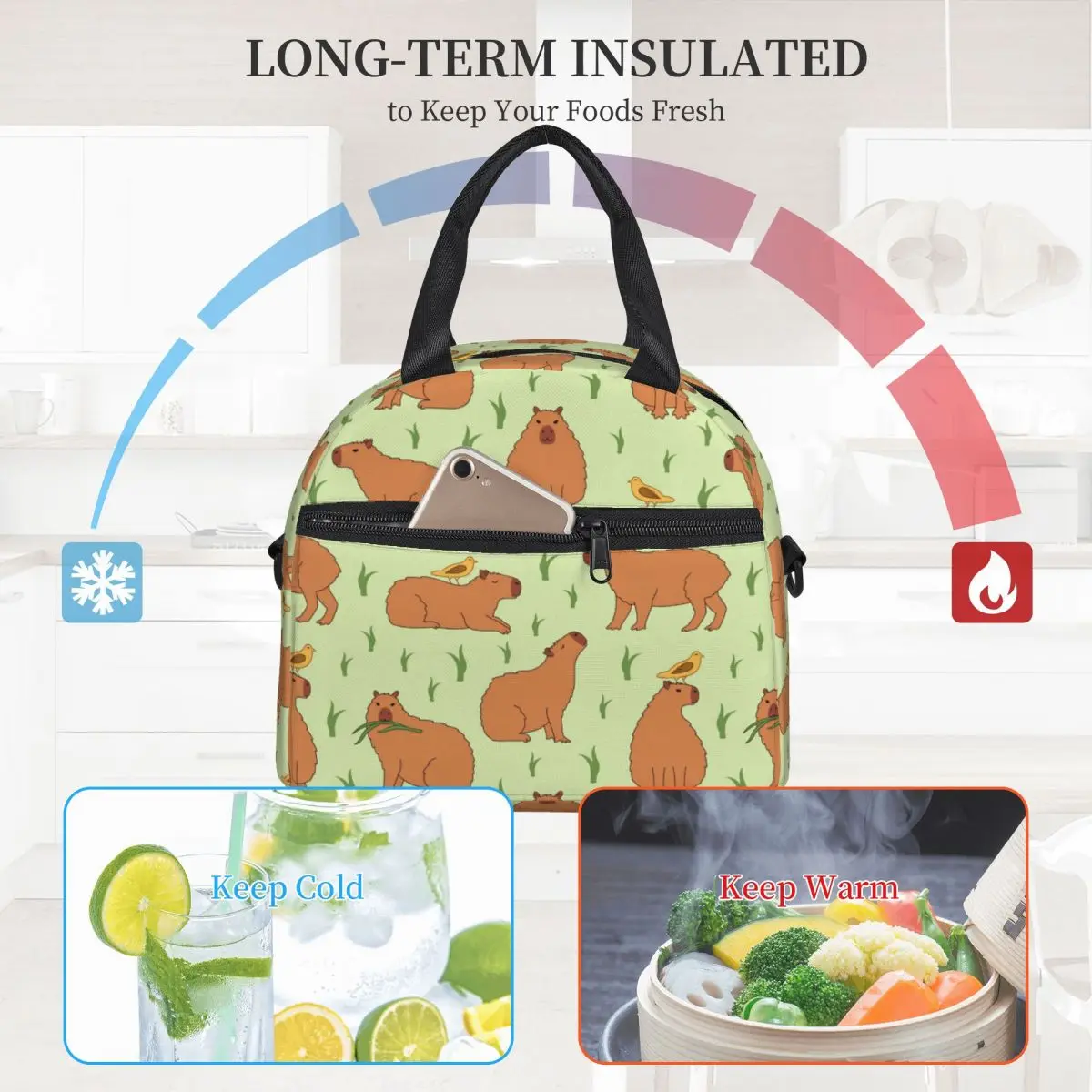 Capivara-Seamless Padrão Isolado Lunch Bag com Alça de Ombro Ajustável, Recipiente De Alimento Bonito, Reutilizável Cooler Box