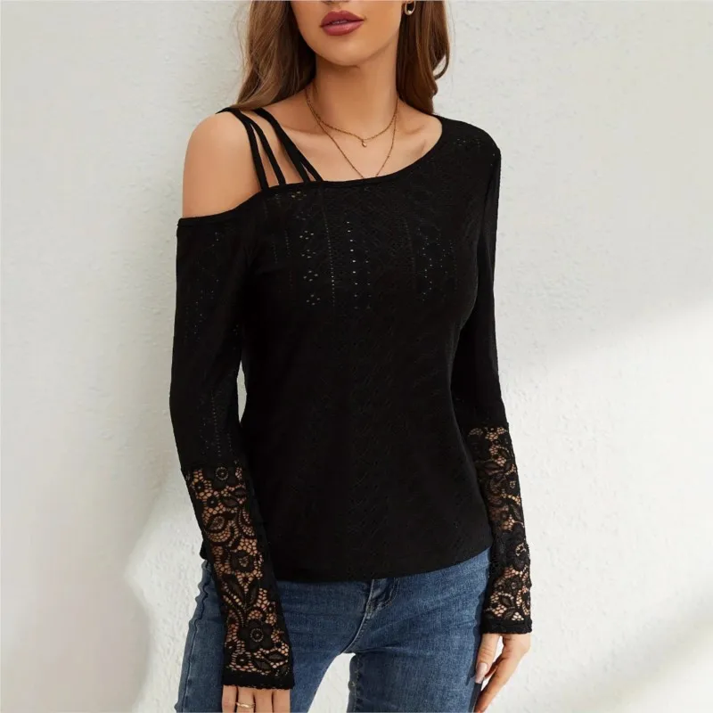 

New Autumn T Shirt Asymmetrical Crossed Off-the-shoulder Lace Patchwork Top For Women With Long Sleeves Makes Them Look Slimmer
