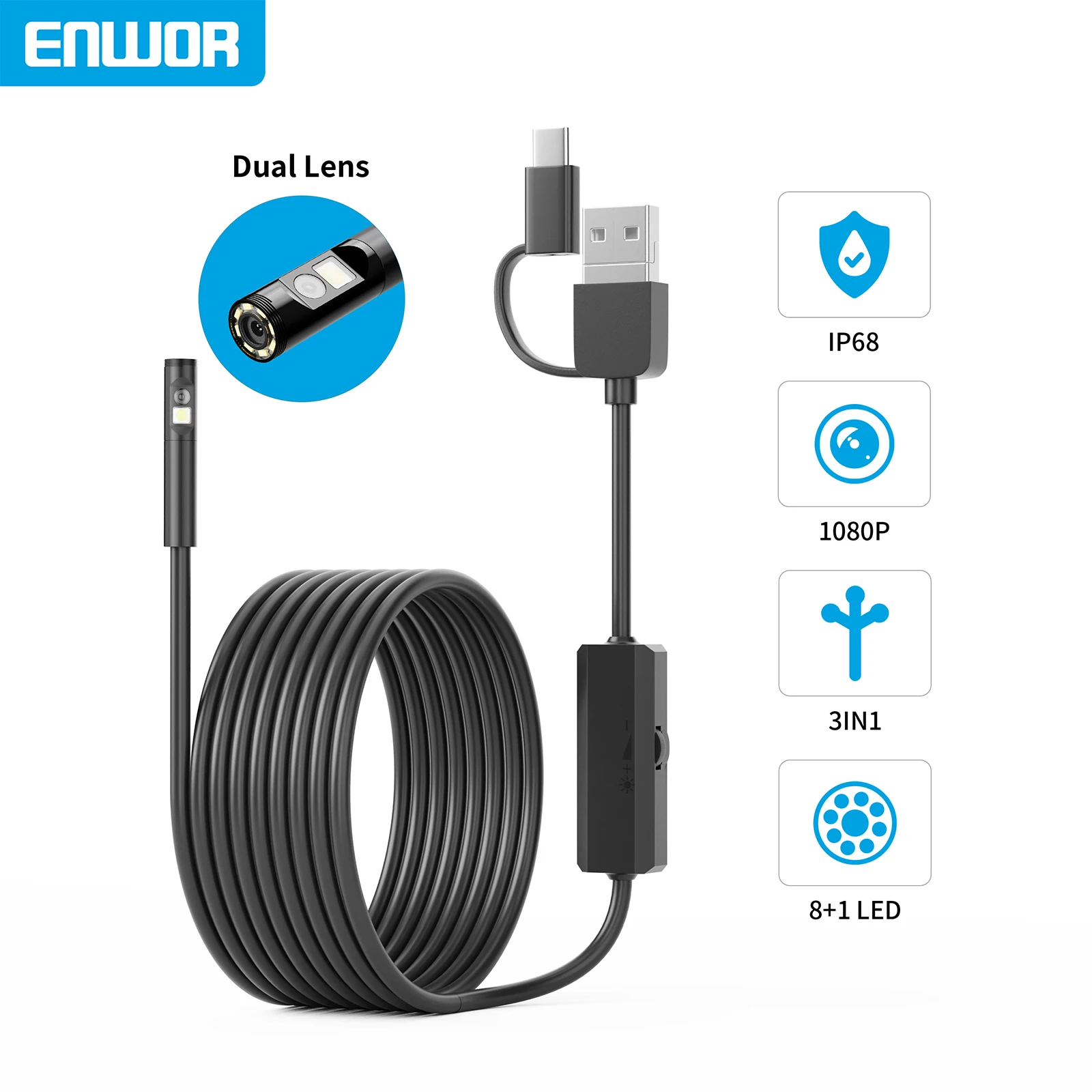 ENWOR 3.9mm Android Endoscope Camera IP68 Waterproof Single Dual Lens 1080P Camera Type-c 3in1 Rigid Cable Borescope 8mm