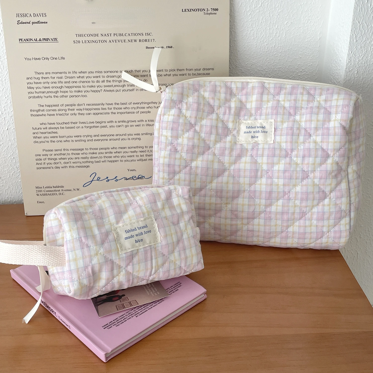 Vintage Plaid Women\'s Storage Bags Large Capacity Cosmetic Bag Make Up Case Soft Cotton Portable Female Clutch Purse Handbags