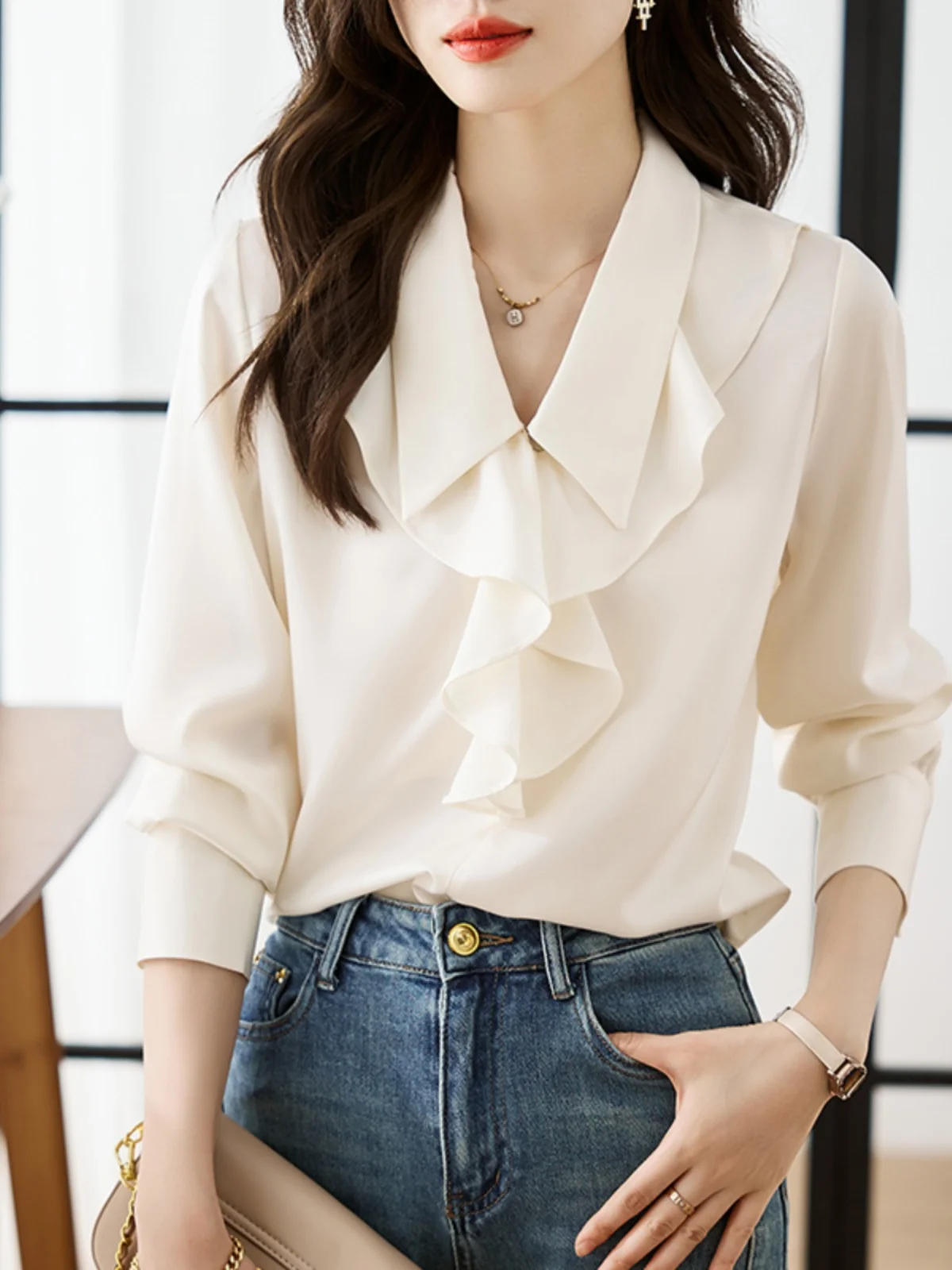 

Sweet Sle Women's Long Sve irts Design Sensation Slim Fit Chiffon Top Beautiful Beige Color French Sle Faionable B...