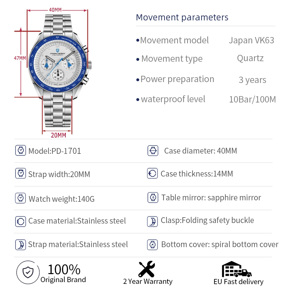 Imagem -06 - Pagani Design-luxo Masculino Sapphire Crystal Quartz Ver Aerospace Moon Ver Cronógrafo de Velocidade Vk63 Movt Novo 2023