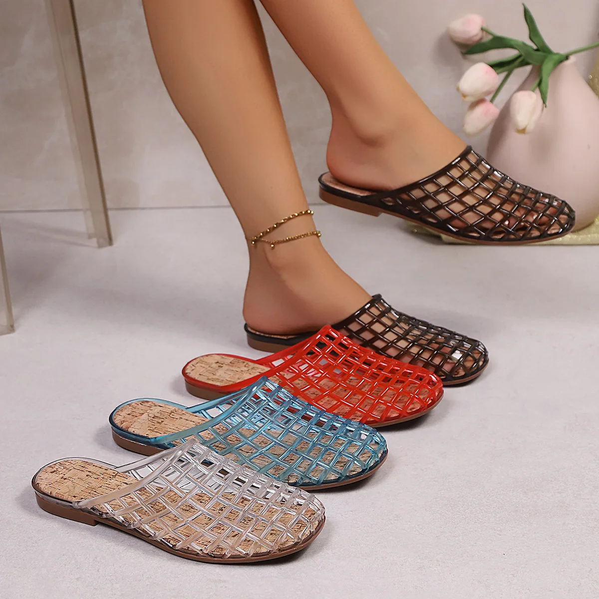 

2026 New Arrival Women's Jelly Mules Hollow Out Breathable Flat Slide Sandals Summer Closed Toe Casual Shoes For Outdoor