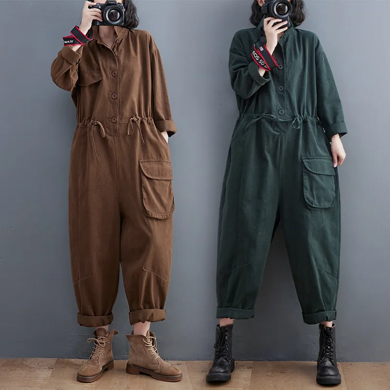 Overalls For Women Lapel Jumpsuit Elegant Long Sleeve Outfits Warm Loose Romper Female Drawstring Pocket Playsuit Pants Autumn