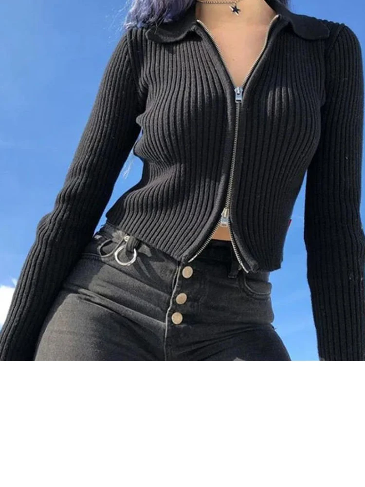 Damski kardigan dziergany jesienno-zimowy, nowy sweter z krótkim krojem i kołnierzykiem, streetwearowy, dopasowany, dzianina Y2K, odzież damska