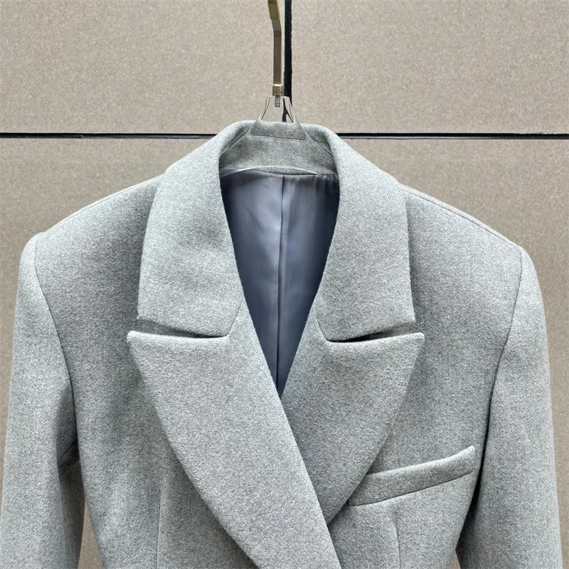 Women's jacket 2026 Spring double breasted long sleeved top Wool blend women's suit jacket shoulder pad slim fit women's coat