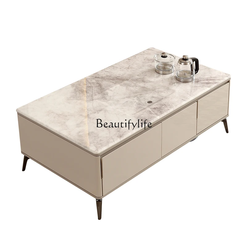02Modern simple supercrystalline stone coffee table small apartment tea table household tea table kettle integrated