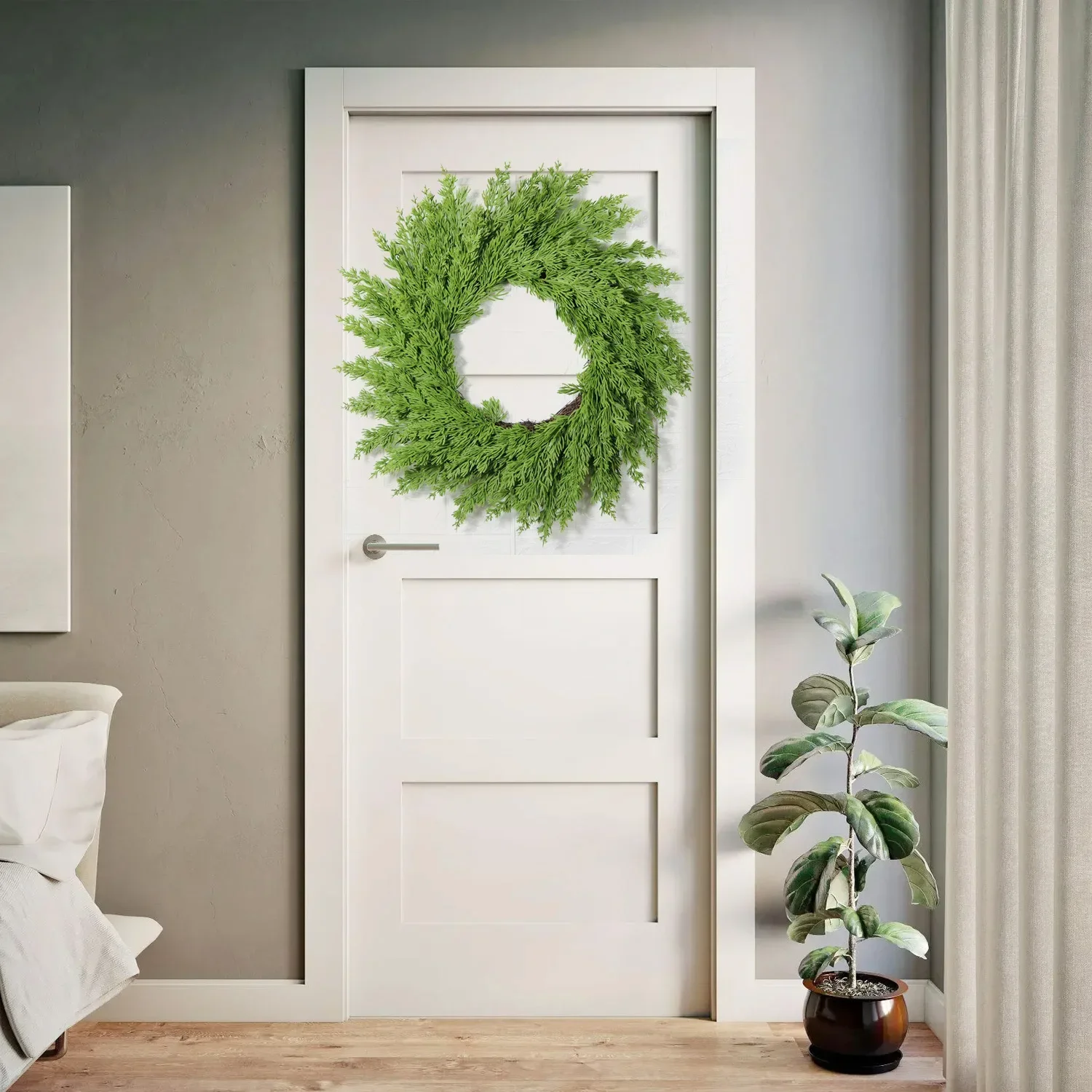 Pineleaf-corona de ratán verde para decoración navideña, corona Natural para puerta delantera, pared y puerta