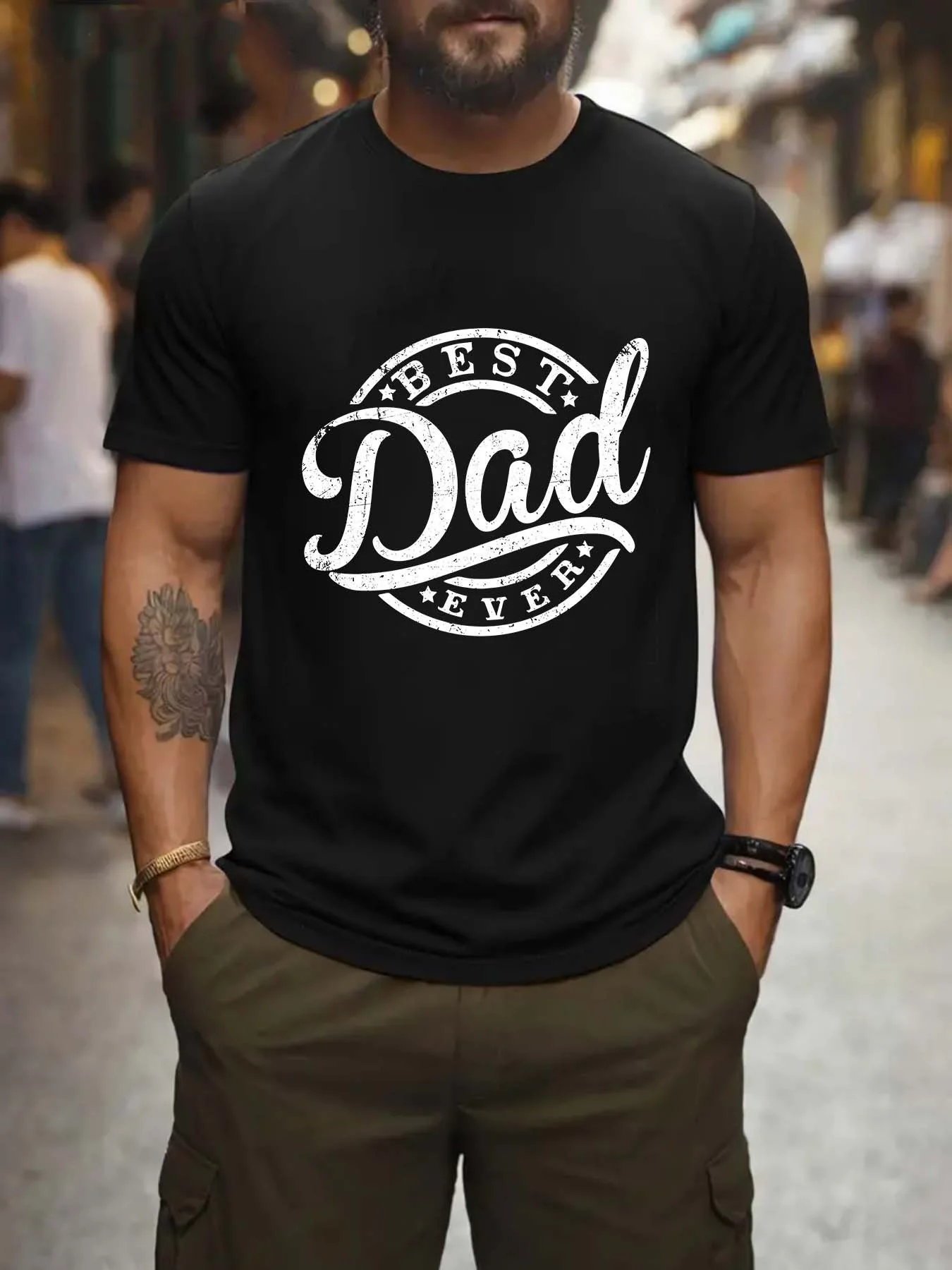 

1pc Men's "Best Dad Ever" Printed Crewneck T-Shirt - 50% Cotton 50% Polyester Blend, 230gsm Heavyweight Short