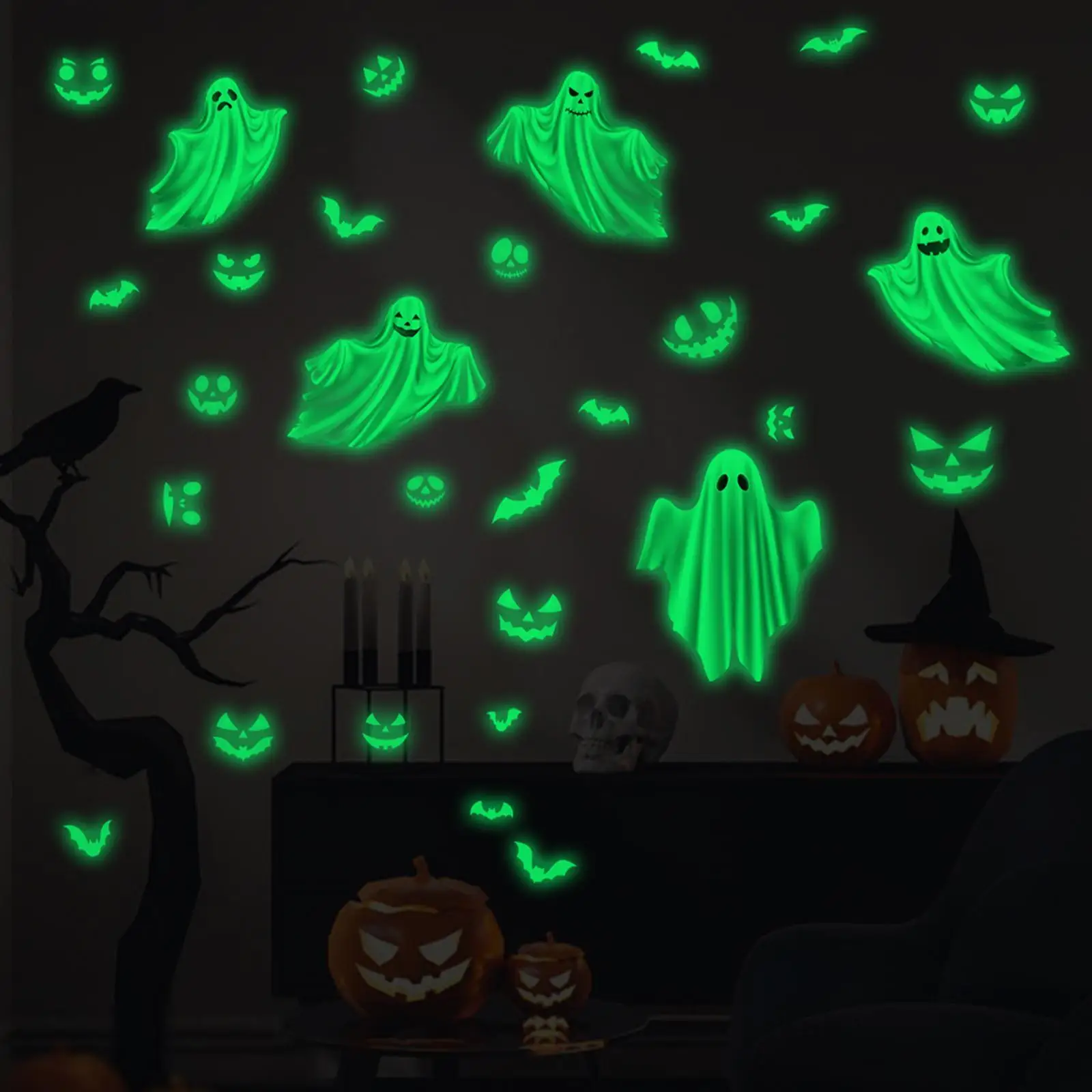 3Pcs Luminous Halloween Stickers PVC Home Decor Glowing Window Clings for Wall Corner Home Wall Window Bathroom Office Kitchen