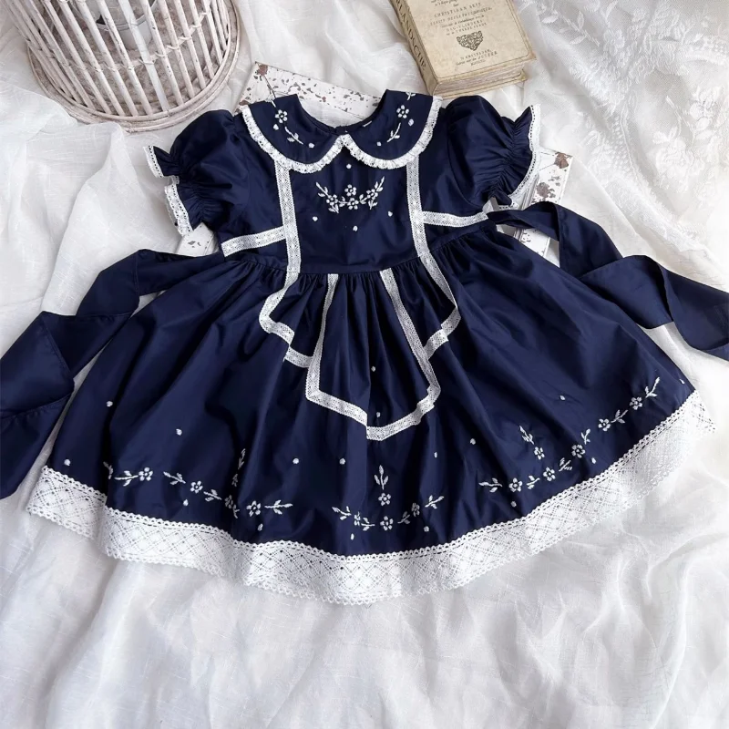 Summer New [vintage Vintage Temperament Dark Blue Embroidered Girls Short-sleeved Dress Princess Dress Up Christmas Dress