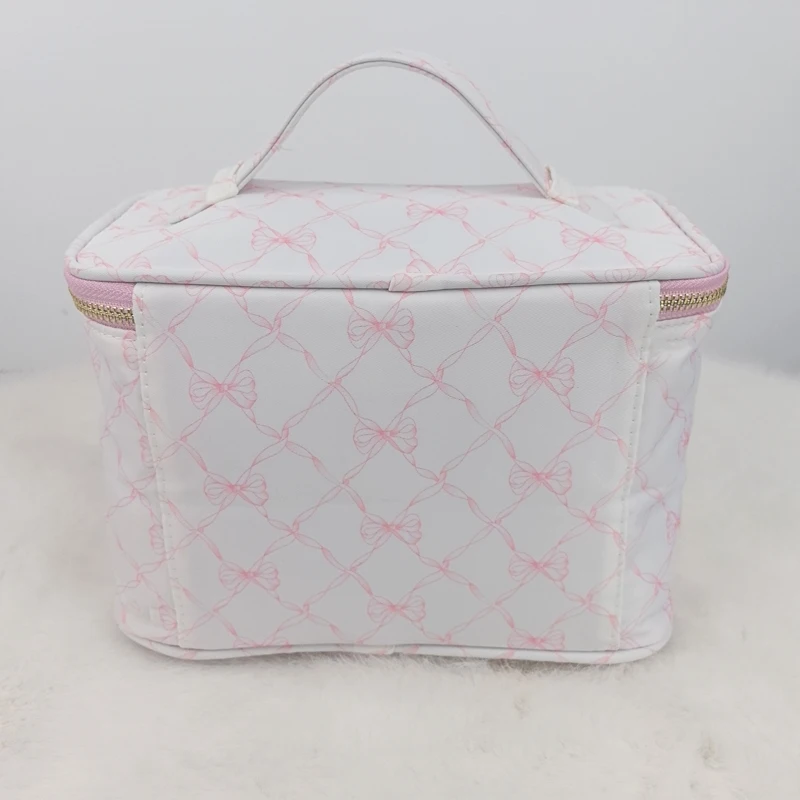 Large Capacity Travel Cosmetic Bag Flower Print Portable Makeup Storage Bag with Handle Bow Print Nylon Storage Bag Organizer