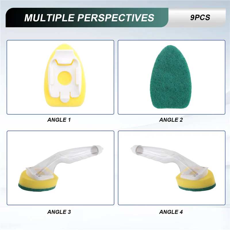 A59E-إسفنجة عصا غسيل الأطباق شديدة التحمل، إسفنجة غسيل الأطباق بمقبض، حوض أطباق غير قابل للخدش وقابل لإعادة الاستخدام (9 قطع)