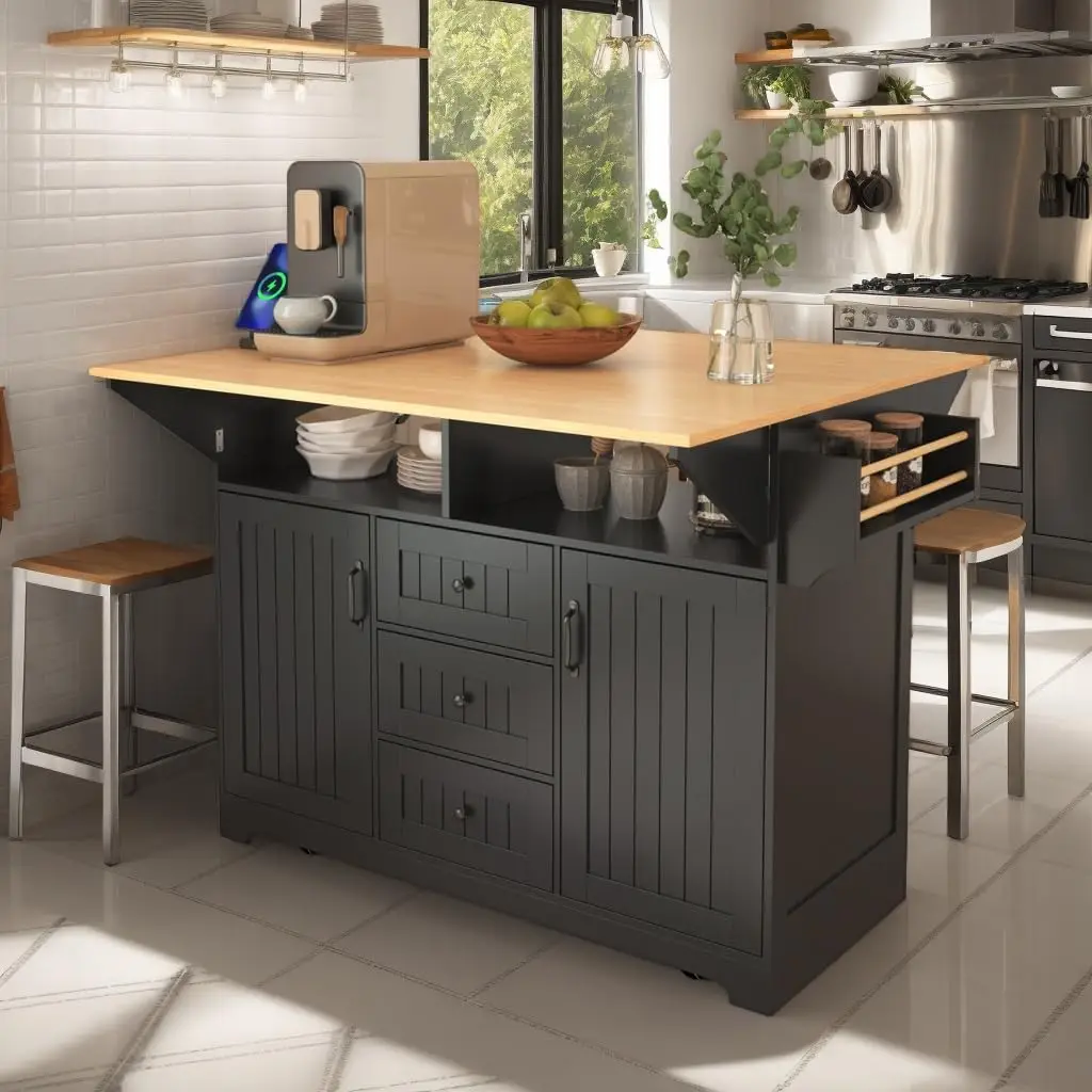

Kitchen Island with 2 Drop Leaf, Home Cart Island on Wheels Foldable Dining Table,3 Drawers,Storage Cabinet, Tower Rack(Black)