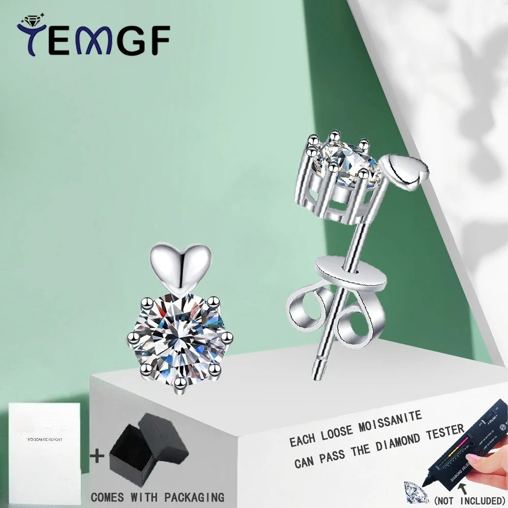 

TEMGF S925 Sterling Silver Studs for Women 5mm Moissanite/Zircon Fine Earring Simple Love Design Jewelry Couple Gifts 1CT/Pair