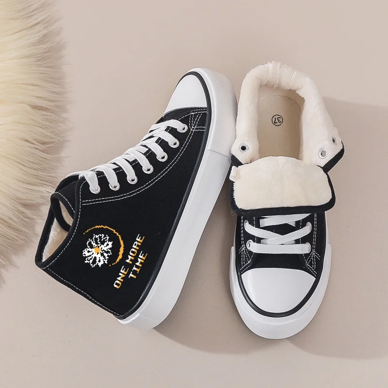 

Женские черные парусиновые туфли на флисовой подкладке: высокий верх на массивной подошве с буквенным принтом. Повседневная одежда для повседневного, кампуса и осенне-зимней одежды.