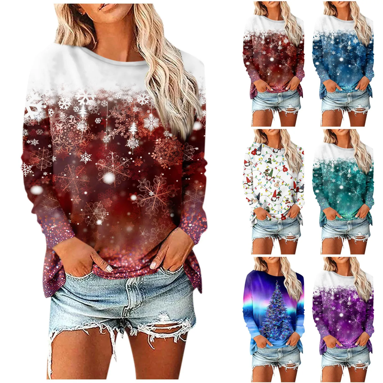 2023 Christmas snowflake and plaid women's autumn and winter printed long-sleeved round neck pullover large size sweatshirt