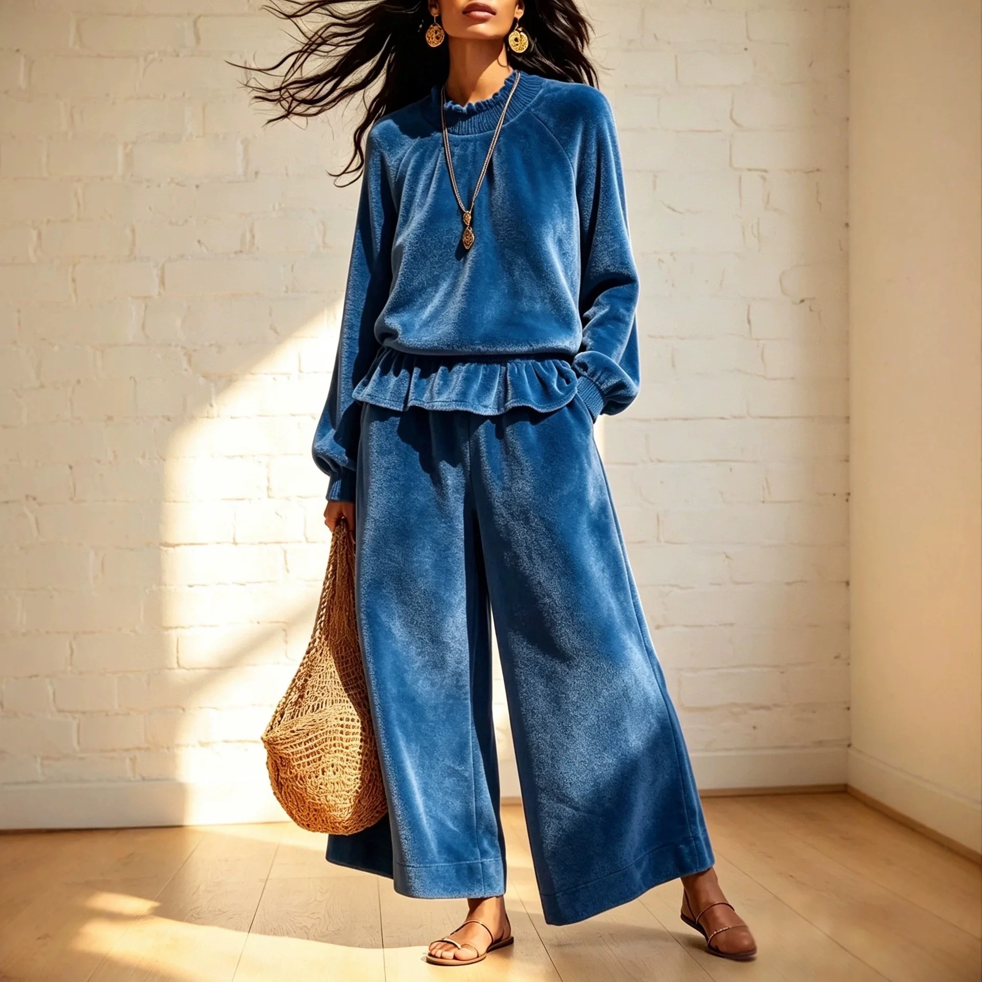 Autumn Winter Fashion Velvet Suit O Neck Ruffled Hem Women's Long-sleeved Top Suit Casual Pockets Wide-leg Trousers 2-piece Set