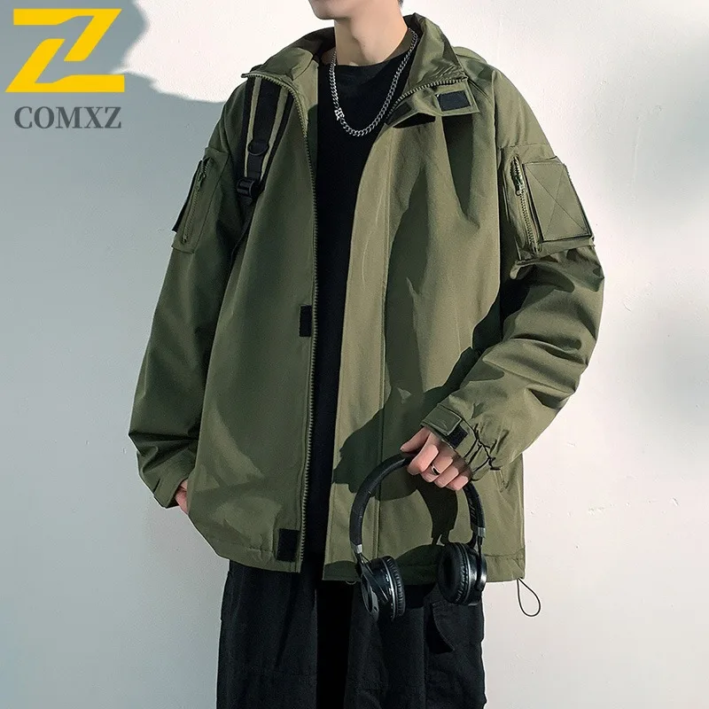 

COMXZ 2025 Мужская куртка повседневная с капюшоном для езды на велосипеде на открытом воздухе удобное ветрозащитное пальто уличный стиль легкая весенне-осенняя одежда