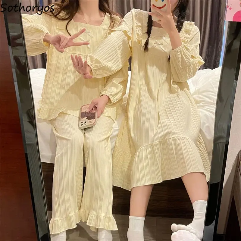 Pajama Sets Women Chic Friends Autumn Feminine Loose Lovely Schoolgirl Sleepwear Casual Solid Simple Cozy Hot Sale Popular Y2k