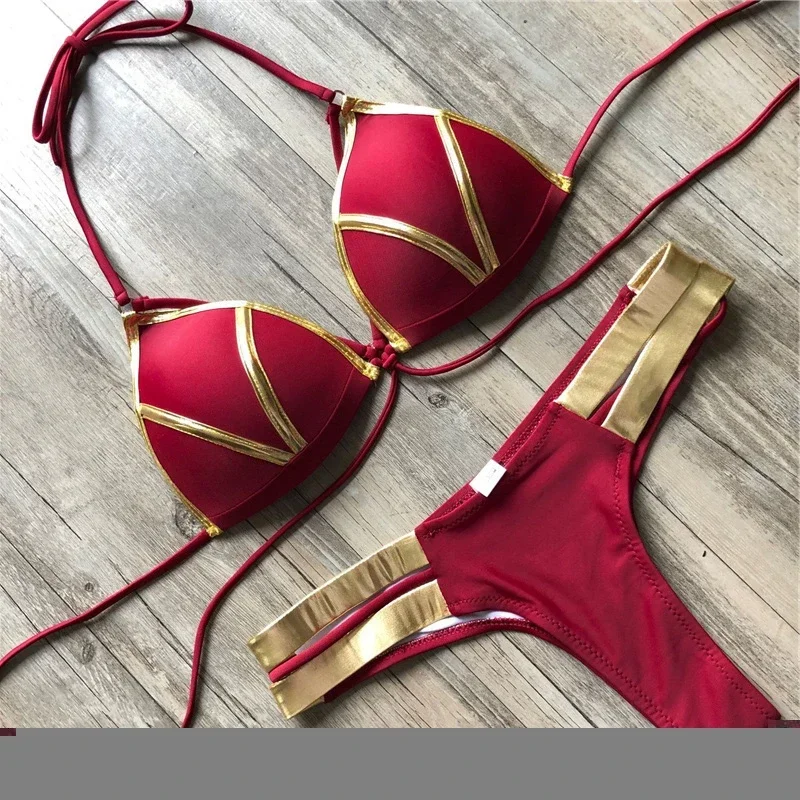 2024 New Red Swimwear Push Up Swimsuit Women Biquini Padded Bathing Suit Gold Stamping Brazilian Bikini Set Thong Sexy Bikini