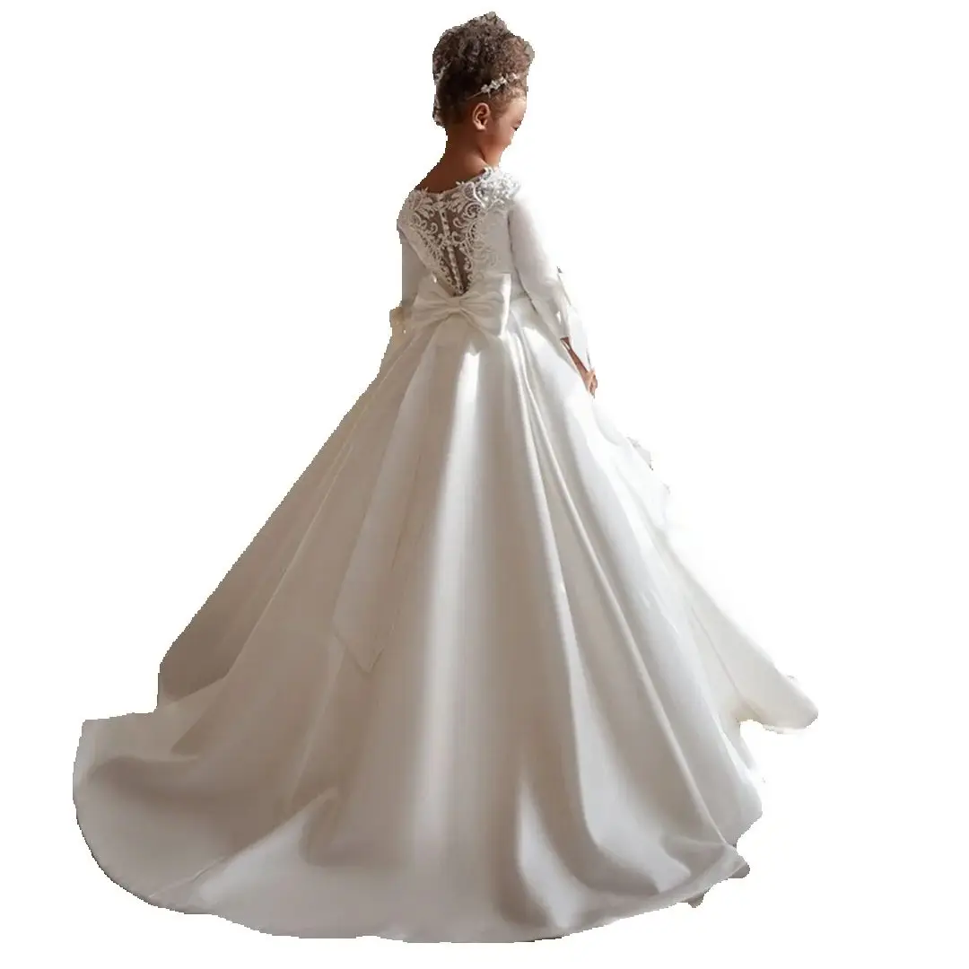 تخصيص الأبيض 3/4 كريستال حزام الاطفال الأولى طويلة الأكمام الساتان زهرة الفتيات فساتين التواصل العباءات ربطة القوس فيونكة منتفخ تنورة طفل #3