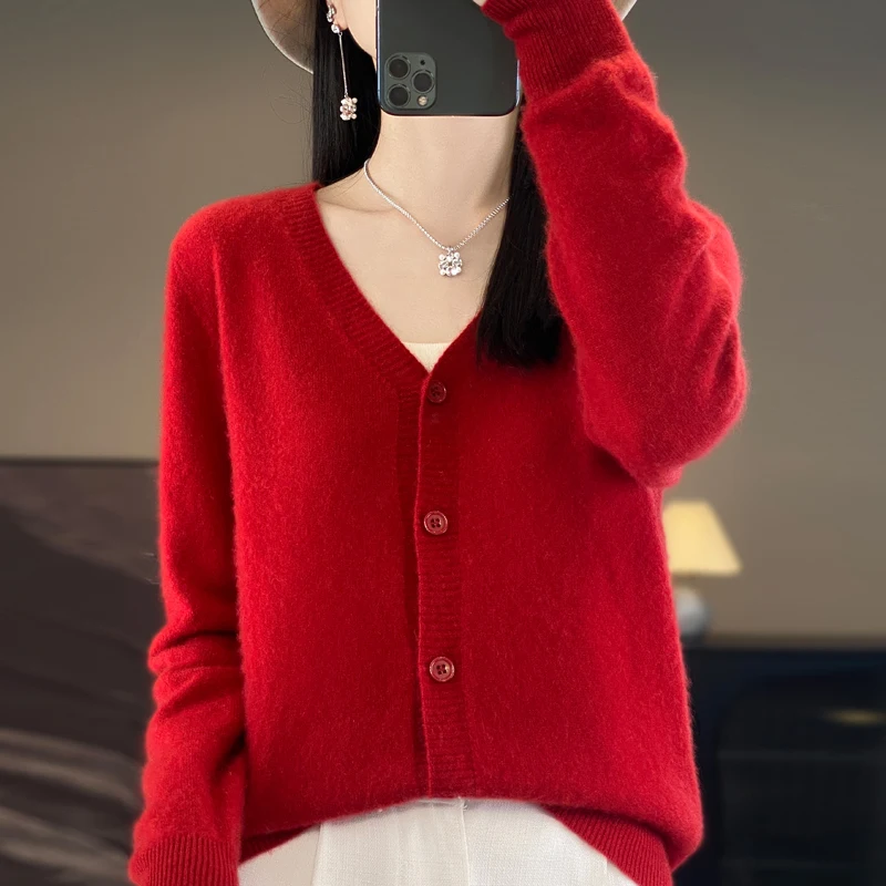 Women's Cardigan Spring/Autumn Solid Color Knitted Sweater Loose Ladies Tops Fashion V Neck Korean Style Single Breasted Blouse