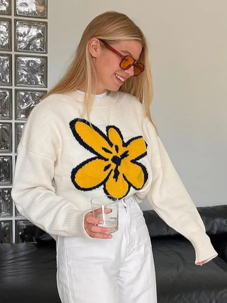 Casual flor kintted pulôver feminino chique em torno do pescoço manga cheia solta camisola curta senhora outono diário comute escritório pullovers