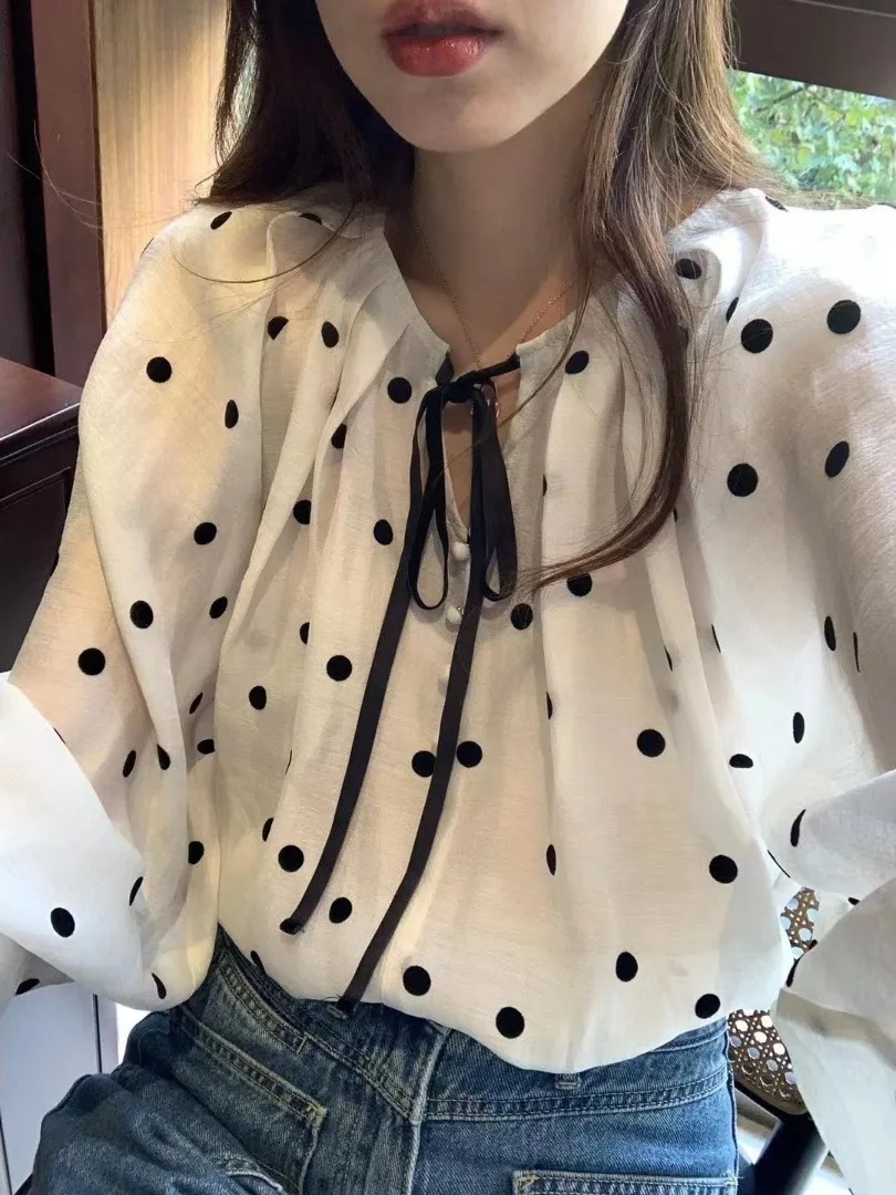 

Женская свободная повседневная блузка из шифона с длинными рукавами-колокол и милым узором в горошек, весенняя коллекция