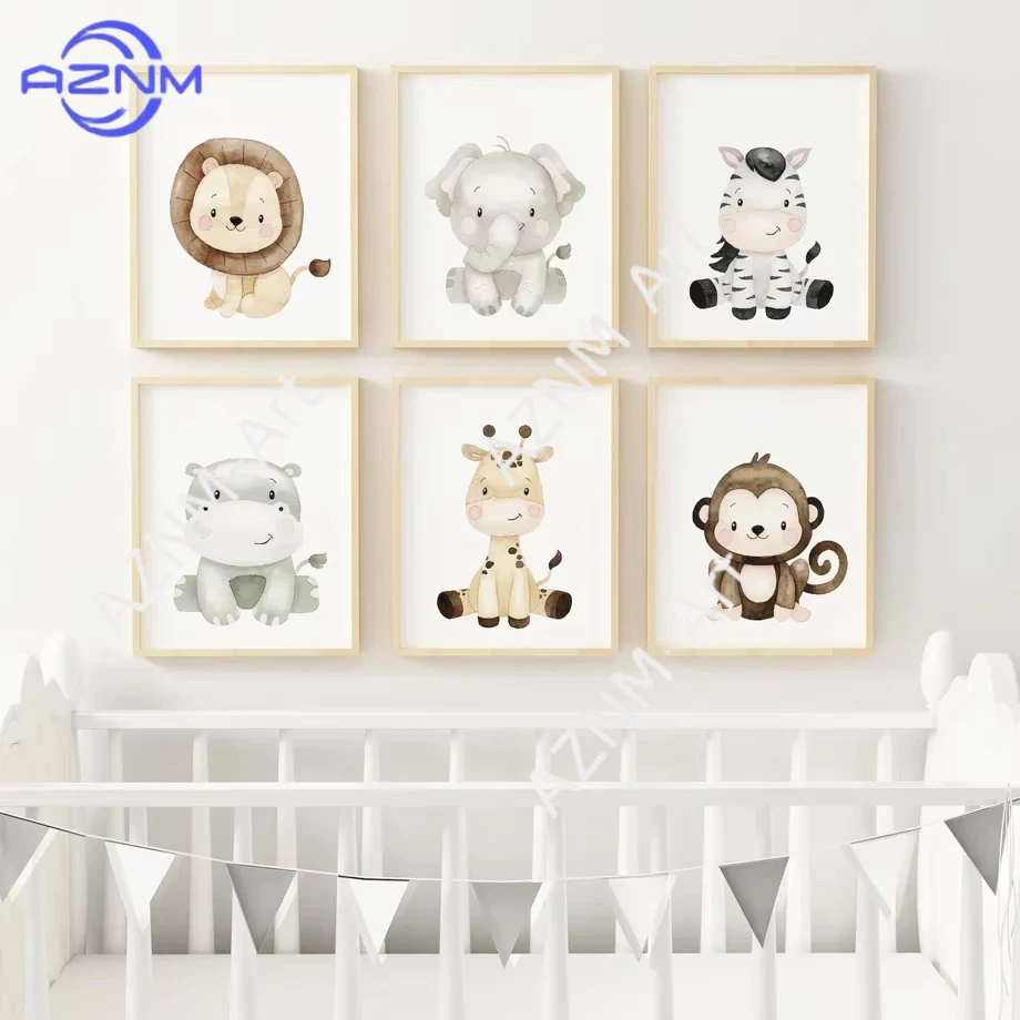 1Pc/6Pcs Giraffe Zebra Hippo Monkey Lion Elephant Nursery Wall Art Print Canvas Painting Nordic Poster Wall Baby Kids Home Decor