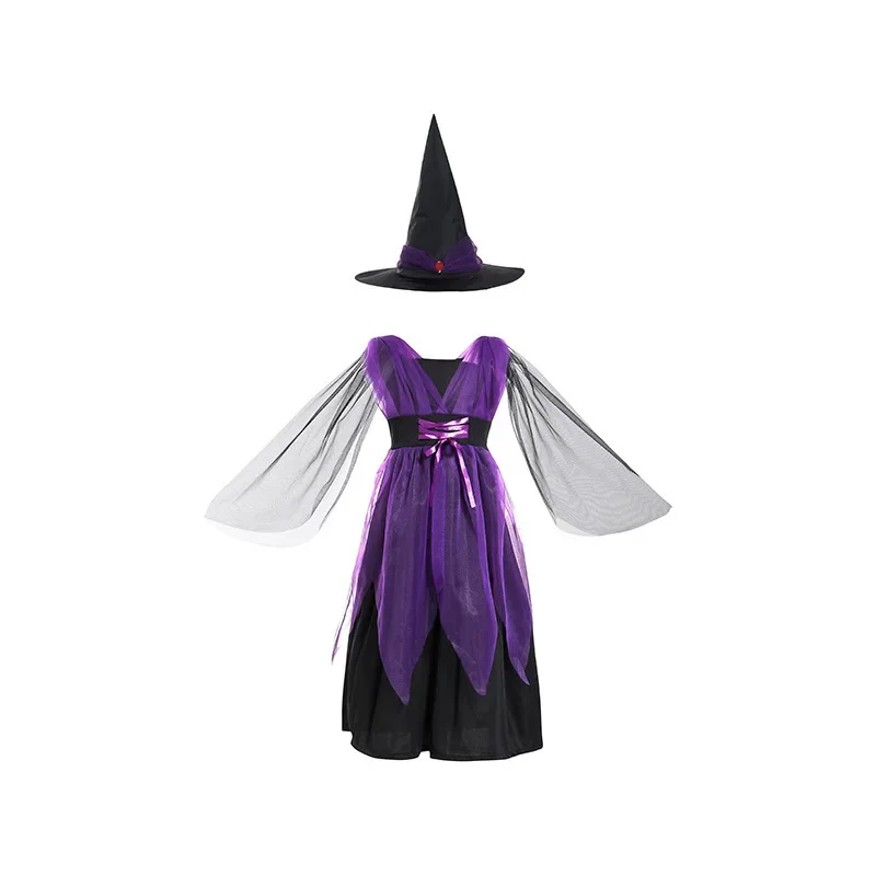 Halloween Witch Fancy Dress Gift Kit For Kids Purple Black Irregular Tulle Dress Hat Party Photography Cosplay Set