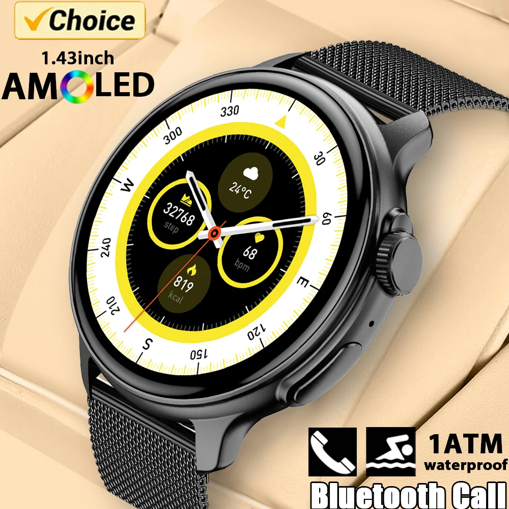 Smartwatch GPS com botão rotativo para homens, chamada Bluetooth, tela HD, rastreamento GPS, 1.43 "AMOLED, 466x466, 1ATM