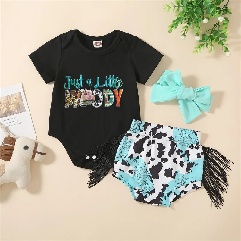 

Baby Girls Summer Outfit Sets Black Short Sleeve Letter Print Romper Cow Print Shorts Headband