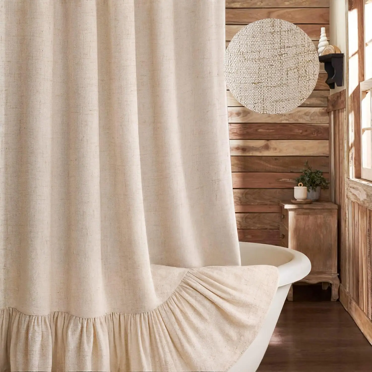 

Farmhouse Shower Curtain with Ruffle Hem, Linen Beige Fabric for Bathroom, Boho Rustic Style, 72x72 Inches
