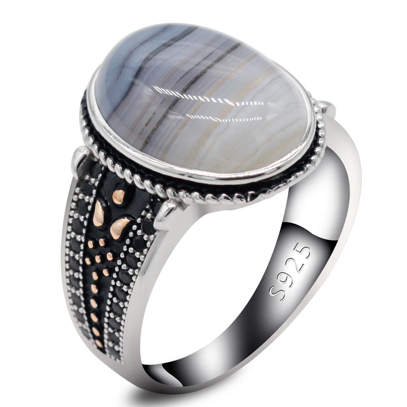 

New Hot Men's Ring 925 Silver Oval Agate Vintage Men's Personality Jewelry Set Fashion Couple Ring Woman For Ring