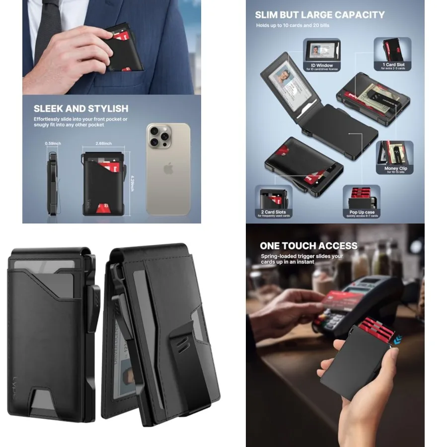 

Tactical Wallet for Men Card Holder: Pop Up Card Case, Genuine Leather, Smart, RFID Blocking, Slim, Minimalist, Thin, Front Poc