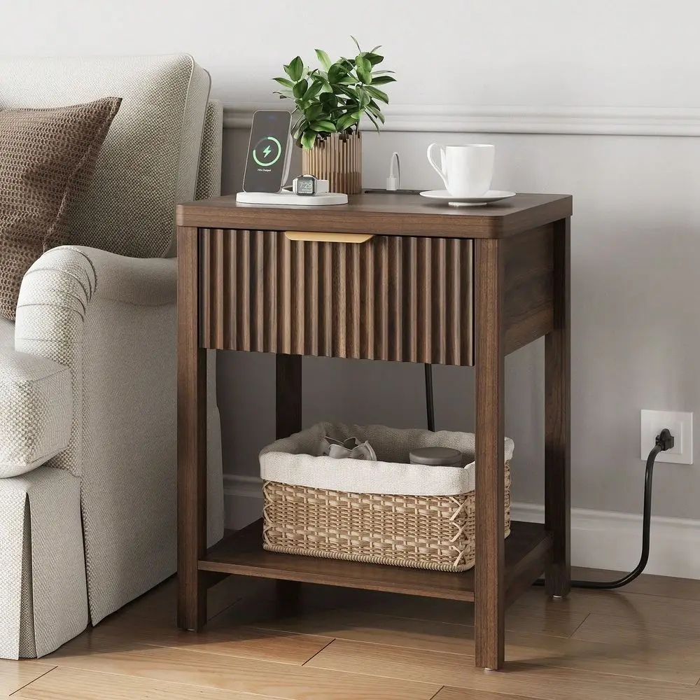 

Fluted Nightstand With Charging Station Boho Bedside Table For Bedroom, Drawer Open Shelf, White Modern Night Stand With USB Typ