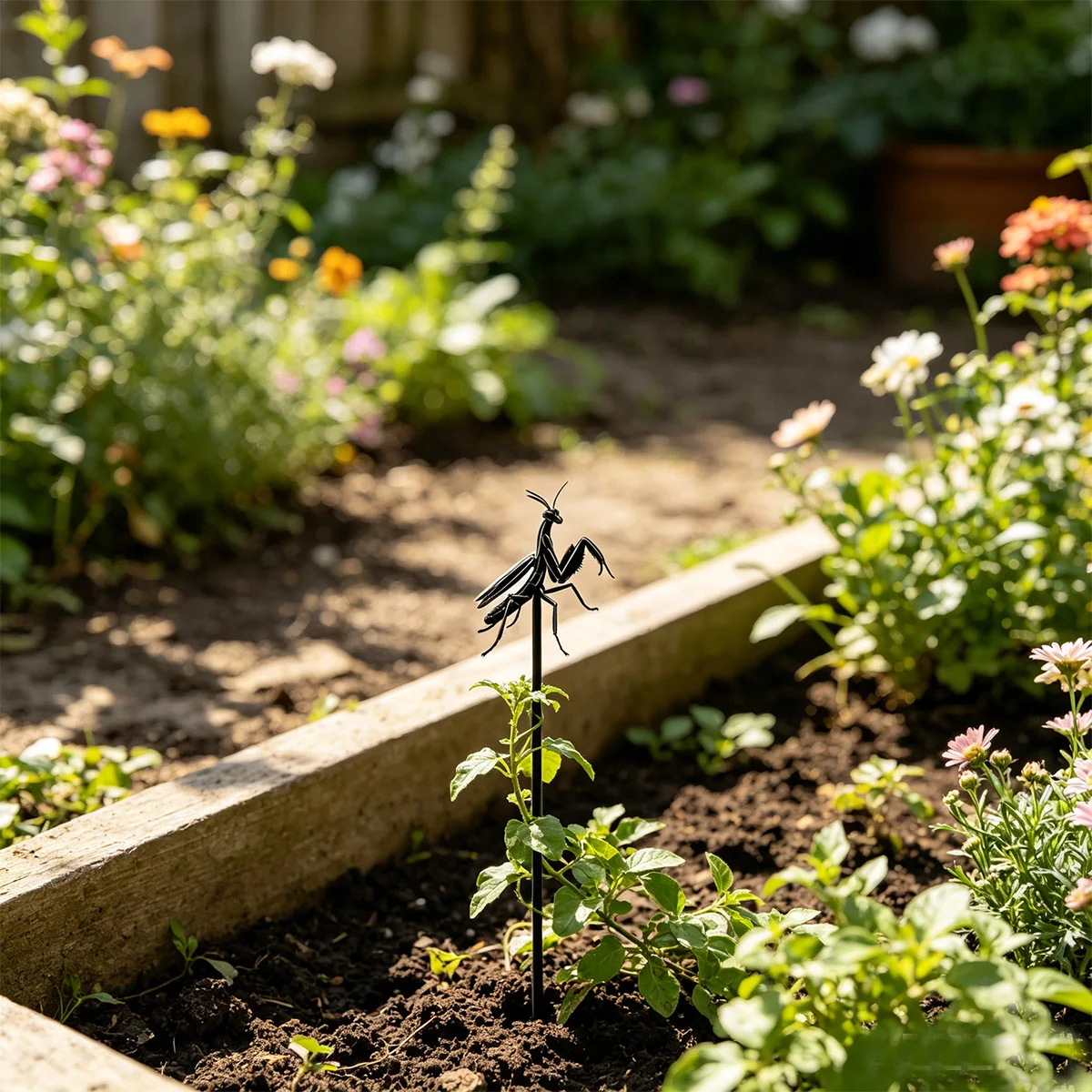 1Pc Iron Art Garden Decoration Stake, Black/Rust Color Iron Art Mantis Stake Decoration, Outdoor Garden Lawn Flower Bed Decoration, Insect Garden Landscaping Decoration, Gardening, Balcony Green Plant Vine Atmosphere Decoration, Craft Decorative Plaque Gift.