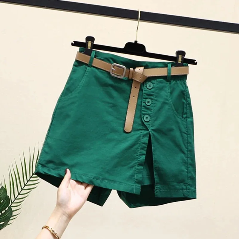 2026 chique shorts feminino cinto coreano botões sólidos fenda lateral a linha streetwear moda saias chique harajuku verão calças soltas