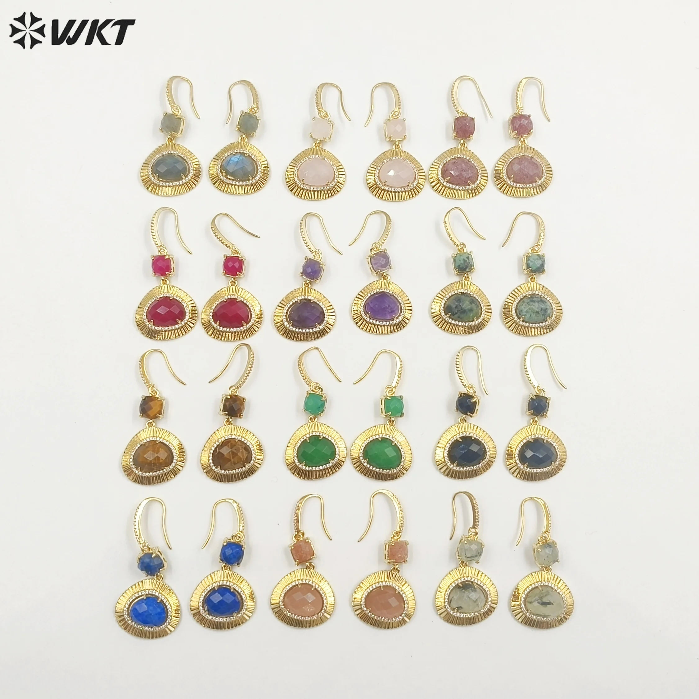 

WT-E733 Wholesale Fashion 18K Real Gold Plated Natural Stone Bezel Setting Long Hoop Gemstone Women Earrings In 10 Pairs