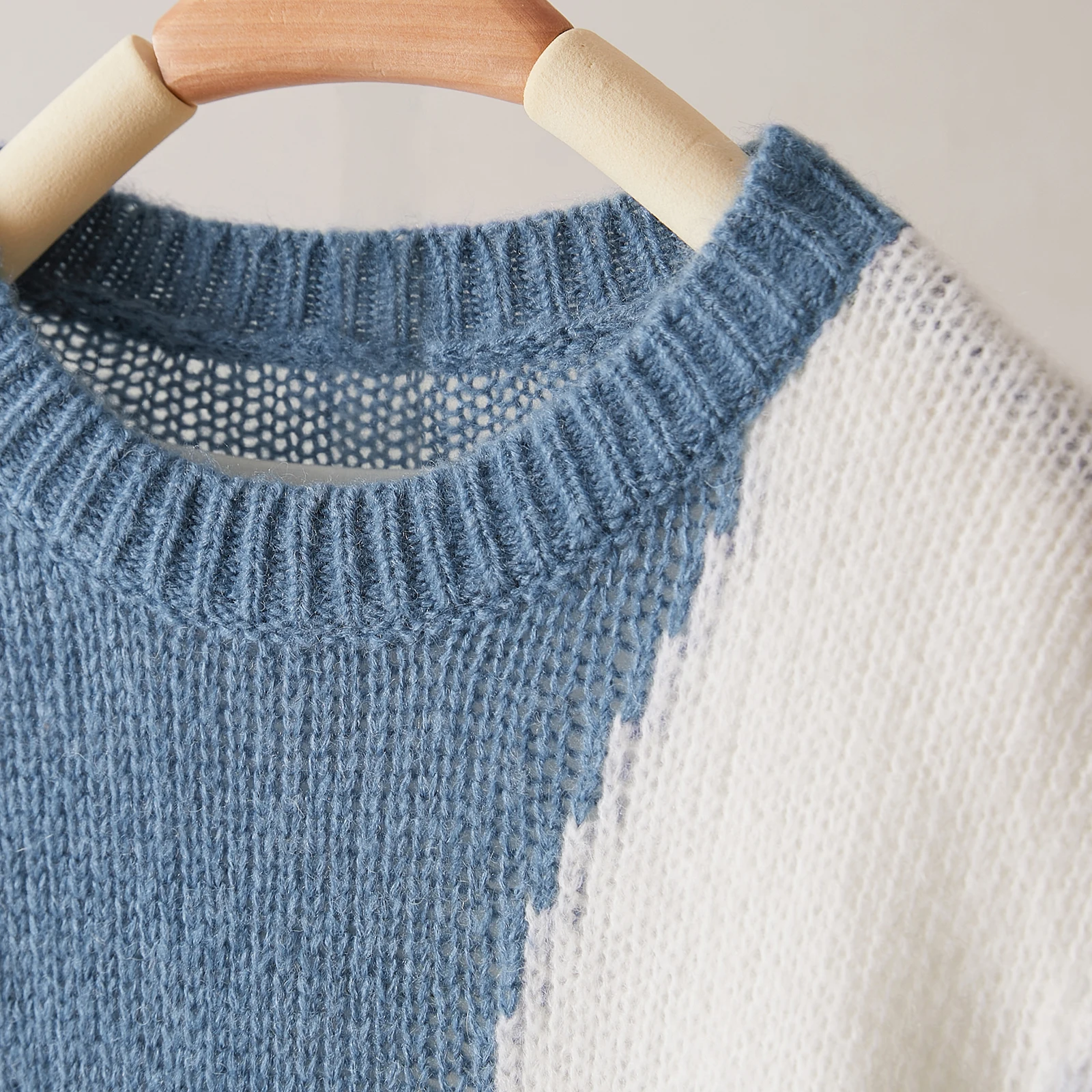 Mohair color clash knit sweater 2024 fall new gentle three color clash pullover knit sweater