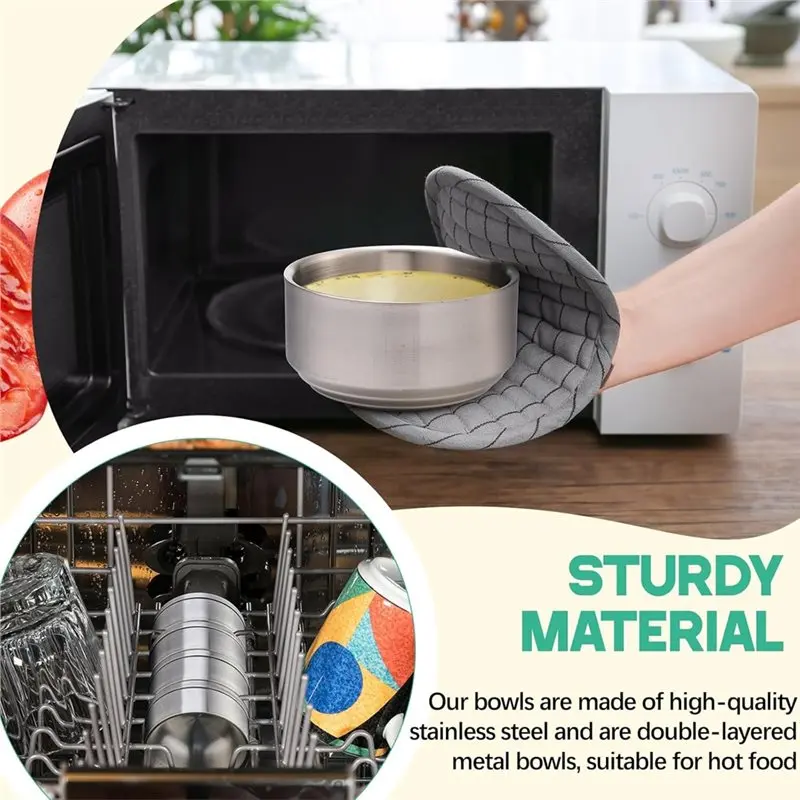 ABDJ-Double-Walled Anti-Scalding 12 Oz Stainless Steel For Cereal Bowl 4Pc Set With Lid For Korean Soup Rice Kitchen Restaurant