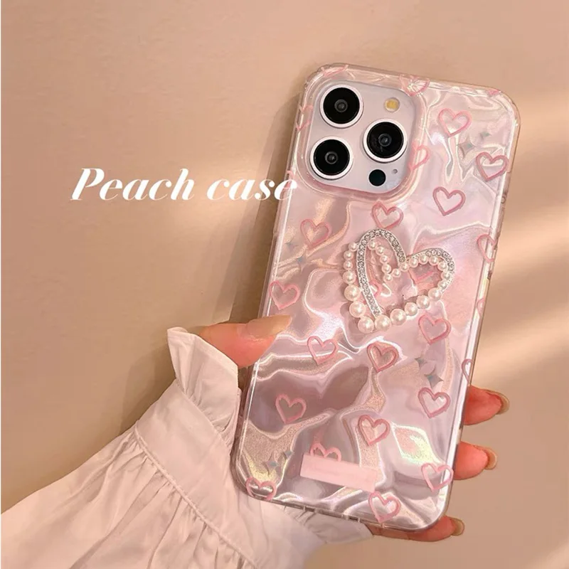 For iPhone 15 Pro 16 Plus 14 Pro Max 13 12 11 X XS XR 7 8 SE Romantic Pink Heart Butterfly Lustre Lining Hard High Phone Case