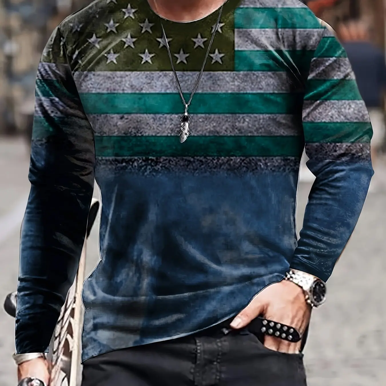 Retro Men\'s T-Shirt Autumn/Winter Long Sleeved T-Shirt American Flag Pattern Printed Short Sleeved Tops Casual Men\'s Clothing