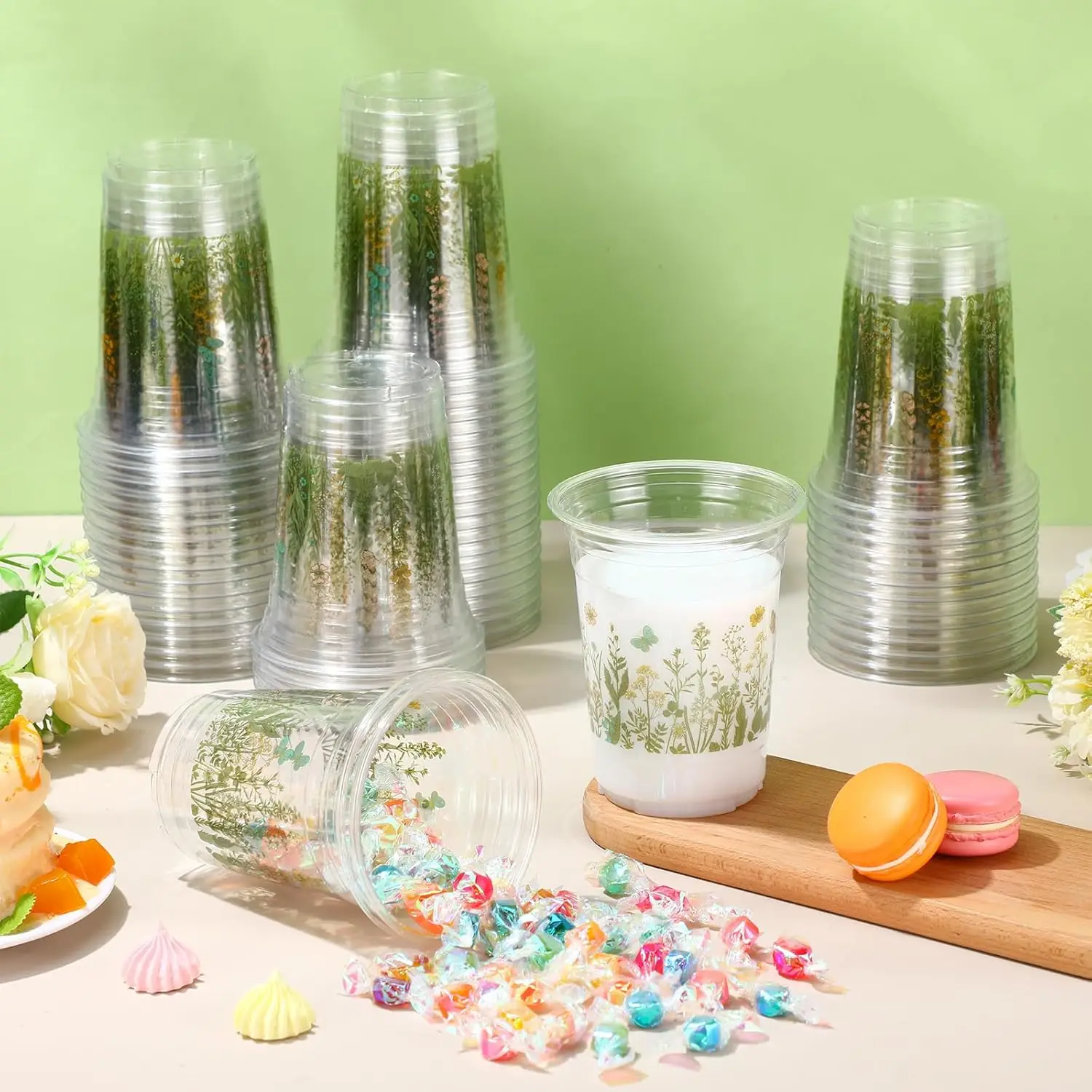 60 Pcs Floral Cups with Spring Summer Fall Flower 16 oz Wildflowers Plastic Disposable Drinking Cups for Summer Spring A