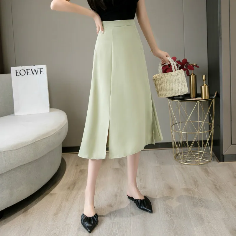 

Women Solid Color Spring Summer High Waist Slit Long Skirts Elegant Ruffles Slim Thin Korean OL Style A-line Midi Skirt 2024 New